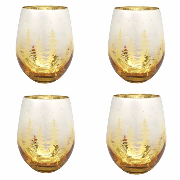 x4 Christmas Gold Pine Trees Stemless Wine Glass Set Frosted Winter Forest Stars - Picture 1 of 9